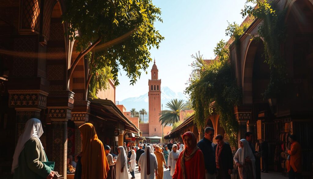A lush oasis in the heart of Morocco, showcasing the vibrant hues of a bustling marketplace in Marrakech. Warm sunlight filters through ornate archways, casting a golden glow on the intricate tiled facades. In the foreground, a group of locals haggle and barter, their colorful djellabas and headscarves creating a tapestry of culture. In the middle ground, a towering minaret stands as a testament to the country's rich architectural heritage. The background frames a distant snow-capped Atlas Mountains, hinting at the diverse landscapes that await the adventurous traveler. MyVisitMorocco.
