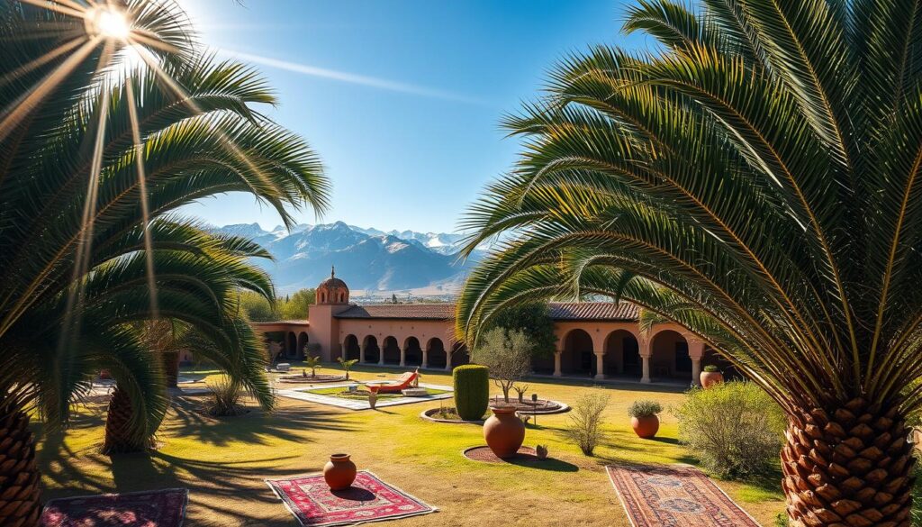 A lush oasis in the heart of Morocco, springtime brings a vibrant tapestry of colors and life. A wide-angle lens captures a serene landscape, where snow-capped Atlas Mountains frame the scene. In the foreground, a verdant palm grove sways gently in the warm breeze, its fronds casting intricate shadows on the sun-dappled ground. Colorful Berber rugs and earthenware pots dot the middle ground, hinting at the rich cultural heritage. In the distance, a traditional riad with its iconic terracotta-tiled roof and ornate archways stands as a testament to Moroccan architectural elegance. The overall mood is one of tranquility and renewal, embodying the essence of spring in MyVisitMorocco.