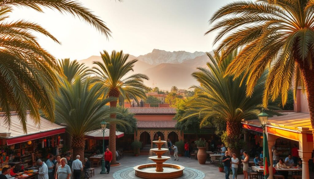 A lush oasis in the heart of Morocco, with swaying palm trees and vibrant markets under a warm, golden-hued sky. In the foreground, a bustling souk filled with colorful spices, handcrafted textiles, and friendly locals. In the middle ground, a serene courtyard with a tranquil fountain and intricate tiled arches, inviting visitors to pause and soak in the atmosphere. In the background, the majestic Atlas Mountains rise up, their snow-capped peaks a stunning contrast to the lush greenery below. Crisp, natural lighting illuminates the scene, creating a sense of tranquility and vitality. MyVisitMorocco A lush oasis in the heart of Morocco, with swaying palm trees and vibrant markets under a warm, golden-hued sky. In the foreground, a bustling souk filled with colorful spices, handcrafted textiles, and friendly locals. In the middle ground, a serene courtyard with a tranquil fountain and intricate tiled arches, inviting visitors to pause and soak in the atmosphere. In the background, the majestic Atlas Mountains rise up, their snow-capped peaks a stunning contrast to the lush greenery below. Crisp, natural lighting illuminates the scene, creating a sense of tranquility and vitality. MyVisitMorocco