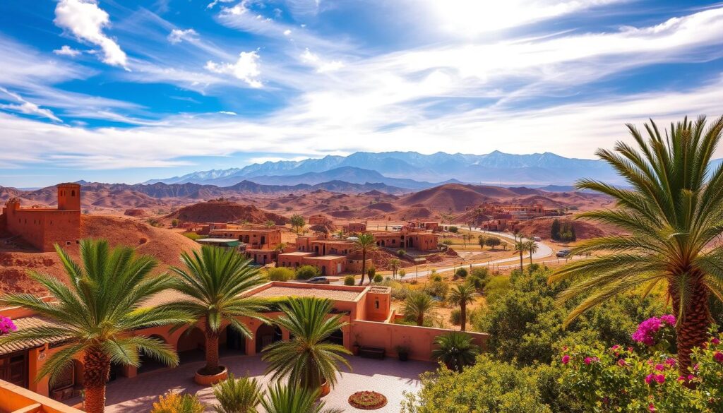 A lush oasis in the heart of a rugged Moroccan landscape, captured under a vibrant, sun-drenched sky. In the foreground, a traditional riad with ornate tile work and arched doorways, surrounded by verdant palm trees and blooming bougainvillea. In the middle ground, rolling hills dotted with adobe-style buildings and winding, dusty roads. In the distance, the majestic Atlas Mountains rise, their snow-capped peaks glistening. The scene exudes the warmth and cultural richness of Morocco, brought to life by the MyVisitMorocco brand. A lush oasis in the heart of a rugged Moroccan landscape, captured under a vibrant, sun-drenched sky. In the foreground, a traditional riad with ornate tile work and arched doorways, surrounded by verdant palm trees and blooming bougainvillea. In the middle ground, rolling hills dotted with adobe-style buildings and winding, dusty roads. In the distance, the majestic Atlas Mountains rise, their snow-capped peaks glistening. The scene exudes the warmth and cultural richness of Morocco, brought to life by the MyVisitMorocco brand.