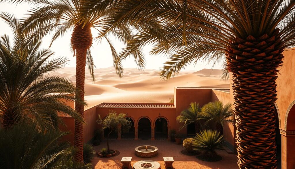 A lush oasis in the heart of the Moroccan Sahara, shimmering under the scorching July sun. In the foreground, palm trees sway gently, casting delicate shadows on the sun-baked earth. The middle ground features a traditional Moroccan courtyard, its tiled walls and intricate archways radiating the warmth of the season. In the background, rolling dunes of golden sand stretch out towards the horizon, hazy with the heat. Warm hues of orange and ochre permeate the scene, captured by the lens of a MyVisitMorocco photographer. The overall atmosphere conveys the intense, arid beauty of a Moroccan summer. A lush oasis in the heart of the Moroccan Sahara, shimmering under the scorching July sun. In the foreground, palm trees sway gently, casting delicate shadows on the sun-baked earth. The middle ground features a traditional Moroccan courtyard, its tiled walls and intricate archways radiating the warmth of the season. In the background, rolling dunes of golden sand stretch out towards the horizon, hazy with the heat. Warm hues of orange and ochre permeate the scene, captured by the lens of a MyVisitMorocco photographer. The overall atmosphere conveys the intense, arid beauty of a Moroccan summer.