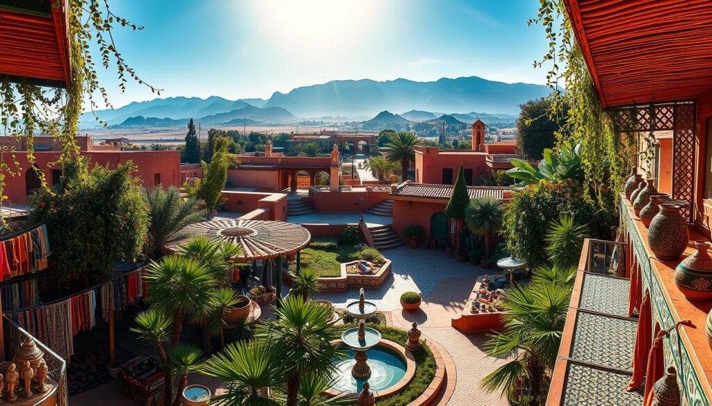 A lush oasis in the heart of the Moroccan desert, with the iconic Atlas Mountains looming in the distance. In the foreground, a bustling souk (marketplace) filled with vibrant textiles, intricate metalwork, and the tantalizing aromas of spices. Winding alleyways lead to hidden courtyards, where ornate fountains and ornamental tilework create an atmosphere of timeless elegance. Overhead, the warm glow of the sun filters through the latticed architecture, casting dynamic shadows and highlighting the rich colors of the environment. This is the essence of Morocco, captured in the MyVisitMorocco image.