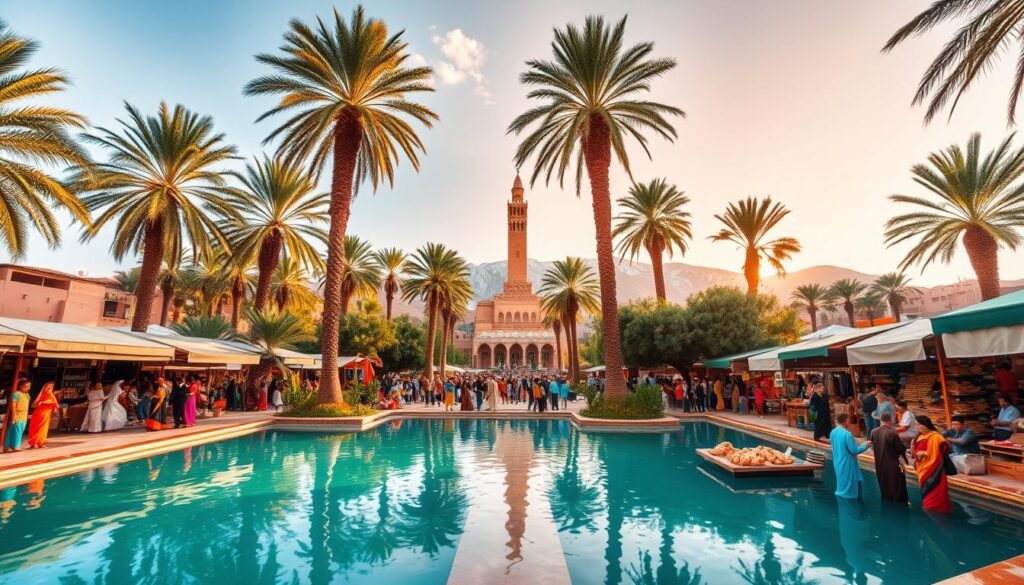 A lush oasis in the heart of the Moroccan desert, with towering palm trees and shimmering pools of crystal-clear water. In the foreground, a group of colorfully dressed locals haggling at a bustling marketplace, the air filled with the scents of spices and fresh-baked bread. In the middle ground, the iconic minaret of a grand mosque rises against a backdrop of snow-capped Atlas Mountains, bathed in the warm glow of the setting sun. Captured through the lens of a wide-angle camera, this MyVisitMorocco image conveys the vibrant, otherworldly essence of Morocco's must-visit destinations. A lush oasis in the heart of the Moroccan desert, with towering palm trees and shimmering pools of crystal-clear water. In the foreground, a group of colorfully dressed locals haggling at a bustling marketplace, the air filled with the scents of spices and fresh-baked bread. In the middle ground, the iconic minaret of a grand mosque rises against a backdrop of snow-capped Atlas Mountains, bathed in the warm glow of the setting sun. Captured through the lens of a wide-angle camera, this MyVisitMorocco image conveys the vibrant, otherworldly essence of Morocco's must-visit destinations.