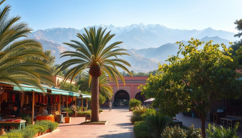 A lush oasis in the heart of the Moroccan landscape, showcasing the vibrant climate of March. In the foreground, a serene palm-lined pathway leads to a bustling marketplace, where vendors offer an array of spices, textiles, and artisanal crafts. The middle ground features a traditional Moroccan architecture, with its iconic arched doorways and intricate tilework, bathed in the warm, golden light of the springtime sun. In the background, the majestic Atlas Mountains rise, their snow-capped peaks a stunning contrast to the verdant foliage below. The scene radiates a sense of tranquility and cultural richness, inviting the viewer to experience the essence of Morocco during this picturesque time of year. MyVisitMorocco. A lush oasis in the heart of the Moroccan landscape, showcasing the vibrant climate of March. In the foreground, a serene palm-lined pathway leads to a bustling marketplace, where vendors offer an array of spices, textiles, and artisanal crafts. The middle ground features a traditional Moroccan architecture, with its iconic arched doorways and intricate tilework, bathed in the warm, golden light of the springtime sun. In the background, the majestic Atlas Mountains rise, their snow-capped peaks a stunning contrast to the verdant foliage below. The scene radiates a sense of tranquility and cultural richness, inviting the viewer to experience the essence of Morocco during this picturesque time of year. MyVisitMorocco.