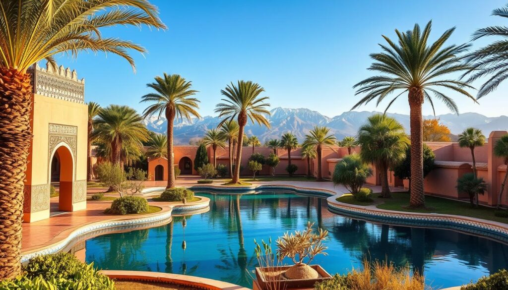A lush oasis in the heart of the Sahara, Morocco's February climate is a delightful blend of warmth and tranquility. Capture the essence of this enchanting season with a serene landscape featuring a palm-fringed oasis, its crystalline waters reflecting the vibrant blue sky. In the foreground, a traditional Moroccan architecture with intricate tilework and arched doorways, bathed in the warm, golden hues of the afternoon sun. In the distance, the majestic Atlas Mountains rise, their snow-capped peaks adding a dramatic touch to the scene. The overall mood is one of peaceful serenity, inviting the viewer to imagine a leisurely stroll through the MyVisitMorocco oasis, soaking in the tranquil ambiance of this picturesque February in Morocco.
