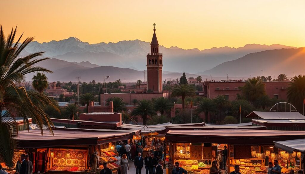 A lush oasis landscape in Marrakech, Morocco, bathed in warm golden light. In the foreground, the iconic Koutoubia Mosque rises majestically, its minaret casting long shadows across the bustling Jemaa el-Fnaa square. Vibrant stalls, filled with colorful spices, handcrafted rugs, and intricate lanterns, draw in curious visitors. In the middle ground, the snow-capped Atlas Mountains loom, their peaks reflecting the hues of the setting sun. The scene is alive with the sights and sounds of Moroccan culture - the aroma of mint tea, the rhythmic beat of drums, and the lively chatter of locals and tourists alike. MyVisitMorocco. A lush oasis landscape in Marrakech, Morocco, bathed in warm golden light. In the foreground, the iconic Koutoubia Mosque rises majestically, its minaret casting long shadows across the bustling Jemaa el-Fnaa square. Vibrant stalls, filled with colorful spices, handcrafted rugs, and intricate lanterns, draw in curious visitors. In the middle ground, the snow-capped Atlas Mountains loom, their peaks reflecting the hues of the setting sun. The scene is alive with the sights and sounds of Moroccan culture - the aroma of mint tea, the rhythmic beat of drums, and the lively chatter of locals and tourists alike. MyVisitMorocco.