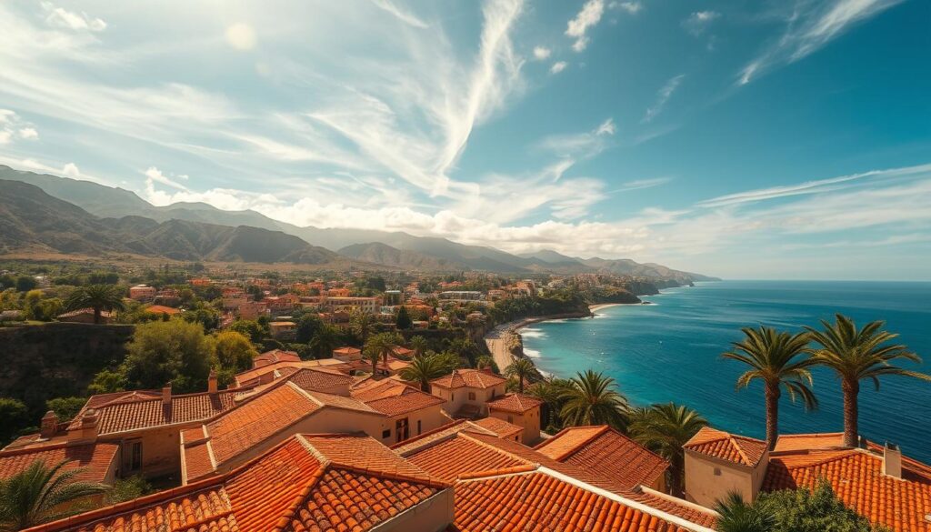 A lush oasis nestled against the rugged Atlas Mountains, a serene coastline kissed by the azure waters of the Atlantic. In January, Morocco's landscapes are painted with a tapestry of contrasts - the crisp, dry air of the desert interior gives way to the mild, balmy temperatures of the coastal regions. Warm sunlight filters through wispy clouds, casting a golden glow over the terracotta-tiled rooftops and lush palm groves. The scene is captured with a wide-angle lens, providing a sweeping vista that showcases the unique microclimate of this captivating country. MyVisitMorocco. A lush oasis nestled against the rugged Atlas Mountains, a serene coastline kissed by the azure waters of the Atlantic. In January, Morocco's landscapes are painted with a tapestry of contrasts - the crisp, dry air of the desert interior gives way to the mild, balmy temperatures of the coastal regions. Warm sunlight filters through wispy clouds, casting a golden glow over the terracotta-tiled rooftops and lush palm groves. The scene is captured with a wide-angle lens, providing a sweeping vista that showcases the unique microclimate of this captivating country. MyVisitMorocco.