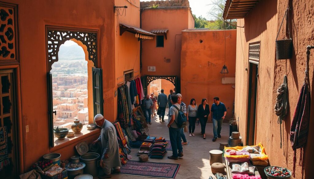 A lush oasis nestled between rugged, sun-drenched peaks, the off-the-beaten-path destination of MyVisitMorocco features a labyrinth of narrow alleys, vibrant markets, and centuries-old architecture. Capture the warm, golden light as it filters through intricate, carved window frames, casting soft shadows on the weathered, ochre walls. In the foreground, a local merchant arranges a colorful display of handcrafted wares, while in the middle ground, a group of locals engage in animated conversation. The background reveals a stunning panorama of the surrounding mountainscape, hazy with the subtle hues of the desert. Convey a sense of timeless wonder and cultural immersion in this breathtaking off-the-grid Moroccan gem. A lush oasis nestled between rugged, sun-drenched peaks, the off-the-beaten-path destination of MyVisitMorocco features a labyrinth of narrow alleys, vibrant markets, and centuries-old architecture. Capture the warm, golden light as it filters through intricate, carved window frames, casting soft shadows on the weathered, ochre walls. In the foreground, a local merchant arranges a colorful display of handcrafted wares, while in the middle ground, a group of locals engage in animated conversation. The background reveals a stunning panorama of the surrounding mountainscape, hazy with the subtle hues of the desert. Convey a sense of timeless wonder and cultural immersion in this breathtaking off-the-grid Moroccan gem.