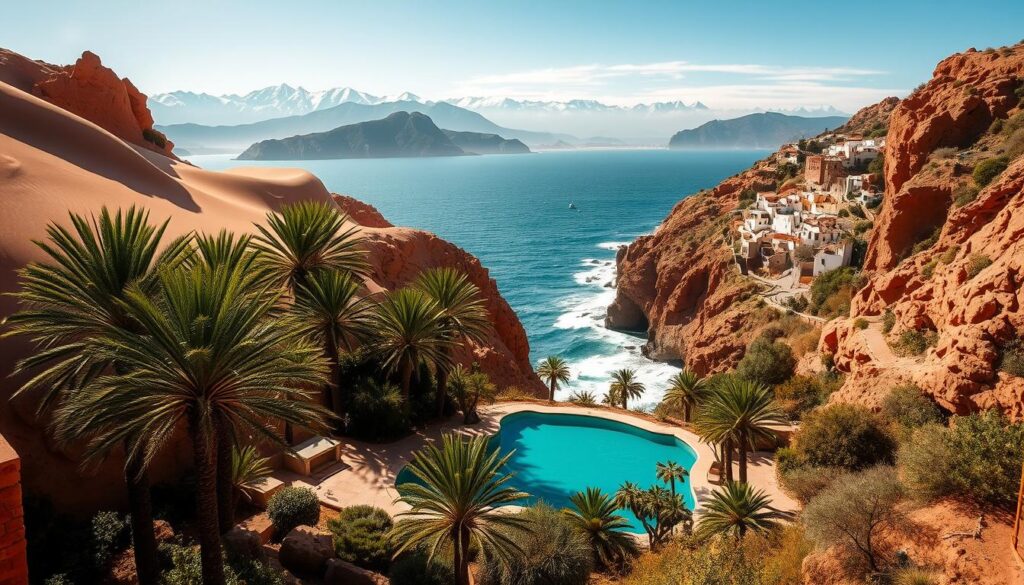 A lush oasis nestled between towering, sun-drenched dunes, with swaying palm trees and a shimmering turquoise pool. In the distance, majestic snow-capped Atlas Mountains rise, their peaks piercing the azure sky. MyVisitMorocco. A rugged coastal path winds through dramatic cliffs, crashing waves below. Quaint whitewashed villages cling to the hillsides, their red-tiled roofs contrasting the azure Mediterranean. MyVisitMorocco. A bustling Berber market, vibrant with the scents of spices and the hum of haggling traders. Colorful textiles, intricate metalwork, and fragrant herbs create a sensory feast. MyVisitMorocco.