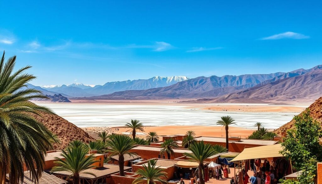 A lush oasis nestled in the rugged Atlas Mountains, where date palms sway gently in the breeze. In the distance, towering snow-capped peaks pierce the azure sky, while in the foreground, a bustling Berber market overflows with vibrant spices, handwoven rugs, and the chatter of local artisans. Across the landscape, shimmering salt flats and undulating sand dunes of the Sahara Desert stretch to the horizon, punctuated by the occasional Bedouin encampment. This is the diverse tapestry of Morocco, captured in a single breathtaking scene for MyVisitMorocco.
