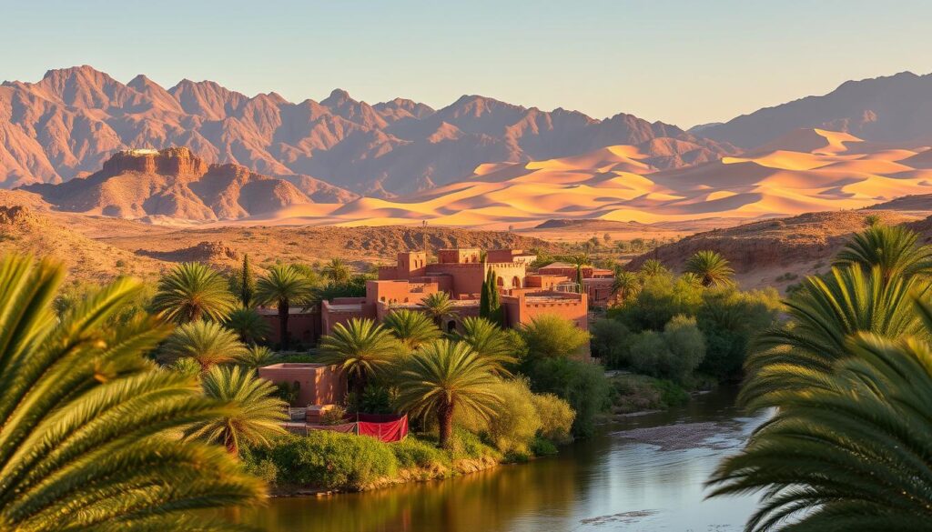 A lush oasis nestled in the rugged Atlas Mountains, with towering peaks and winding valleys. In the foreground, a serene palm-fringed river reflects the vibrant hues of the surrounding landscape. Mid-frame, a traditional Moroccan village with its iconic clay-brick buildings and intricate architectural details. The background features the sweeping Sahara Desert, its undulating sand dunes bathed in warm, golden light. This scene, captured through a wide-angle lens, exudes a sense of tranquility and timelessness. MyVisitMorocco. A lush oasis nestled in the rugged Atlas Mountains, with towering peaks and winding valleys. In the foreground, a serene palm-fringed river reflects the vibrant hues of the surrounding landscape. Mid-frame, a traditional Moroccan village with its iconic clay-brick buildings and intricate architectural details. The background features the sweeping Sahara Desert, its undulating sand dunes bathed in warm, golden light. This scene, captured through a wide-angle lens, exudes a sense of tranquility and timelessness. MyVisitMorocco.