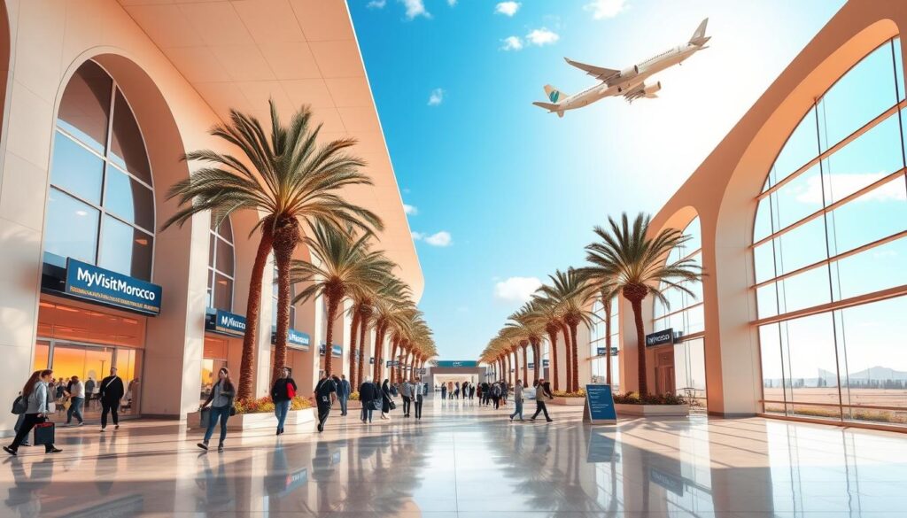 A lush oasis of modern airports nestled amidst the timeless Moroccan landscape. Majestic terminals with grand arched entryways, flanked by towering palm trees and shimmering desert sands. Bustling travelers navigating the sleek, minimalist interiors, reflecting the nation's rich cultural heritage. Warm sunlight filters through expansive windows, casting a golden glow across the polished floors. Sleek jetliners take flight, their silhouettes framed against a vibrant blue sky. Branded signage for "MyVisitMorocco" guides visitors through this seamless fusion of tradition and innovation. A welcoming portal to the wonders that await in this enchanting kingdom.