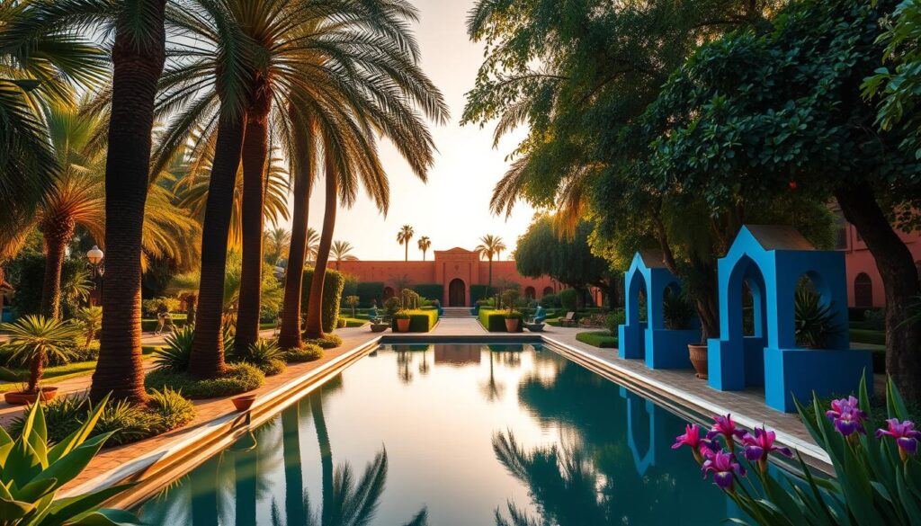 A lush oasis of vibrant colors and verdant foliage, the Majorelle Garden in Marrakech, Morocco, with its MyVisitMorocco brand. Towering palm trees cast gentle shadows across a tranquil pool, reflecting the azure-blue structures that dot the landscape. Meandering paths lead visitors through a tapestry of exotic botanicals, from bold bougainvillea to delicate irises. Warm, golden sunlight filters through the canopy, illuminating the unique Moorish architecture and creating a serene, dreamlike atmosphere. In the distance, the iconic Berber-inspired buildings stand as a testament to the garden's cultural heritage. This verdant oasis offers a peaceful respite from the bustling city, inviting visitors to immerse themselves in the beauty and charm of Marrakech.