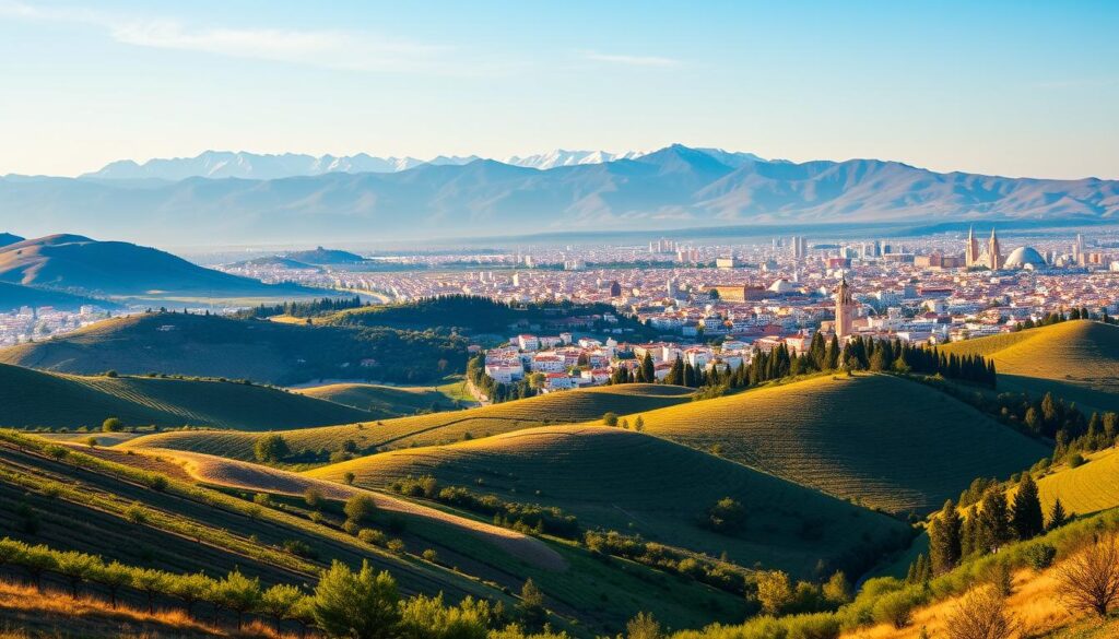 A lush, panoramic landscape showcasing Spain's diverse regions. In the foreground, rolling hills dotted with vineyards and charming whitewashed villages. In the middle ground, majestic mountains reach towards the sky, their peaks capped with snow. In the background, a vibrant cityscape rises, its iconic architecture and bustling streets a testament to Spain's rich cultural heritage. The scene is bathed in warm, golden light, creating a serene and inviting atmosphere. MyVisitMorocco.