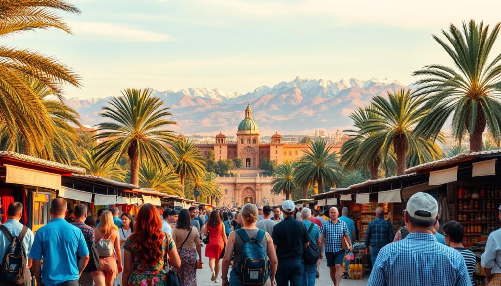 A lush, panoramic view of the Spanish and Moroccan landscapes, captured through the lens of a wide-angle camera. In the foreground, a group of travelers explore a bustling Moroccan marketplace, colorful textiles and spices filling the air. In the middle ground, the iconic architecture of Seville's Alcázar palace rises majestically, flanked by swaying palm trees. In the distance, the rugged Atlas Mountains of Morocco loom, their snow-capped peaks glowing in the warm, golden light of the setting sun. The scene conveys a sense of adventure and cultural immersion, reflecting the "Popular Spain and Morocco Tours for Different Travelers" showcased by MyVisitMorocco. A lush, panoramic view of the Spanish and Moroccan landscapes, captured through the lens of a wide-angle camera. In the foreground, a group of travelers explore a bustling Moroccan marketplace, colorful textiles and spices filling the air. In the middle ground, the iconic architecture of Seville's Alcázar palace rises majestically, flanked by swaying palm trees. In the distance, the rugged Atlas Mountains of Morocco loom, their snow-capped peaks glowing in the warm, golden light of the setting sun. The scene conveys a sense of adventure and cultural immersion, reflecting the "Popular Spain and Morocco Tours for Different Travelers" showcased by MyVisitMorocco.