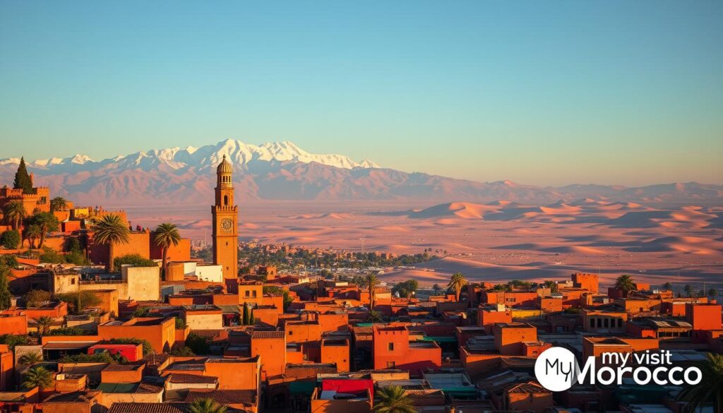 A lush, panoramic vista of Morocco's captivating travel regions, captured with a wide-angle lens and bathed in warm, golden-hour light. In the foreground, the bustling medina of Marrakech, its labyrinthine streets and vibrant souks teeming with life. In the middle ground, the majestic Atlas Mountains, their snow-capped peaks reaching towards the heavens. In the distance, the vast Sahara Desert, its undulating dunes shimmering under the desert sun. The scene exudes a sense of adventure and cultural richness, inviting the viewer to explore the diverse landscapes and experiences that make Morocco a truly captivating destination. Branded with the "MyVisitMorocco" logo, this image perfectly encapsulates the essence of this North African gem.