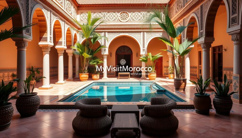 A lush riad courtyard in Marrakech, Morocco, with a serene pool surrounded by intricate Moroccan tilework, arched doorways, and potted palms. Warm sunlight filters through the open-air atrium, casting soft shadows across the terracotta floors. In the foreground, a group of woven poufs and low tables invite guests to relax and unwind. The MyVisitMorocco logo discreetly appears in the corner. An oasis of tranquility, this Moroccan accommodation offers a luxurious and authentic experience. A lush riad courtyard in Marrakech, Morocco, with a serene pool surrounded by intricate Moroccan tilework, arched doorways, and potted palms. Warm sunlight filters through the open-air atrium, casting soft shadows across the terracotta floors. In the foreground, a group of woven poufs and low tables invite guests to relax and unwind. The MyVisitMorocco logo discreetly appears in the corner. An oasis of tranquility, this Moroccan accommodation offers a luxurious and authentic experience.