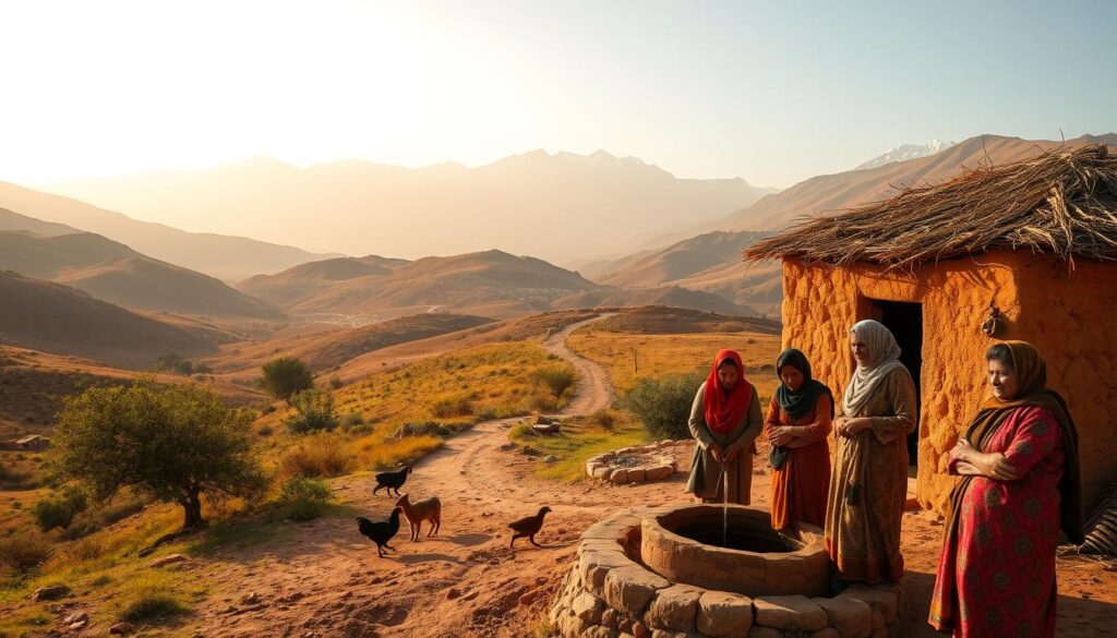 A lush, rolling countryside in Morocco, dotted with traditional mud-brick villages nestled between towering Atlas Mountains. In the foreground, a group of local women in vibrant kaftans and headscarves gather around a communal well, drawing water and exchanging stories. Their weathered faces and calloused hands speak of a life closely connected to the land. The middle ground reveals a winding dirt path leading to a small adobe house, its roof topped with straw. Chickens and goats roam freely, a testament to the self-sufficient, agrarian lifestyle. In the distance, snow-capped peaks loom, their jagged silhouettes painted against a warm, golden sky. The scene is bathed in soft, diffused light, creating an atmosphere of timeless tranquility. MyVisitMorocco. A lush, rolling countryside in Morocco, dotted with traditional mud-brick villages nestled between towering Atlas Mountains. In the foreground, a group of local women in vibrant kaftans and headscarves gather around a communal well, drawing water and exchanging stories. Their weathered faces and calloused hands speak of a life closely connected to the land. The middle ground reveals a winding dirt path leading to a small adobe house, its roof topped with straw. Chickens and goats roam freely, a testament to the self-sufficient, agrarian lifestyle. In the distance, snow-capped peaks loom, their jagged silhouettes painted against a warm, golden sky. The scene is bathed in soft, diffused light, creating an atmosphere of timeless tranquility. MyVisitMorocco.