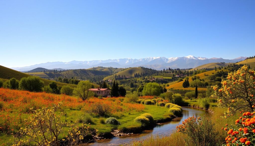 A lush, rolling landscape in the Moroccan countryside, blanketed in vibrant wildflowers and verdant foliage. In the foreground, a meandering stream reflects the warm, golden sunlight, its banks lined with fragrant orange trees in full bloom. In the middle ground, picturesque rural villages nestle amid terraced olive groves and almond orchards, their terracotta roofs contrasting with the deep green of the surrounding hills. In the distance, the majestic Atlas Mountains rise up, their snow-capped peaks glimmering under a clear, azure sky. The scene exudes a sense of tranquility and natural beauty, perfectly capturing the essence of springtime in Morocco. MyVisitMorocco. A lush, rolling landscape in the Moroccan countryside, blanketed in vibrant wildflowers and verdant foliage. In the foreground, a meandering stream reflects the warm, golden sunlight, its banks lined with fragrant orange trees in full bloom. In the middle ground, picturesque rural villages nestle amid terraced olive groves and almond orchards, their terracotta roofs contrasting with the deep green of the surrounding hills. In the distance, the majestic Atlas Mountains rise up, their snow-capped peaks glimmering under a clear, azure sky. The scene exudes a sense of tranquility and natural beauty, perfectly capturing the essence of springtime in Morocco. MyVisitMorocco.