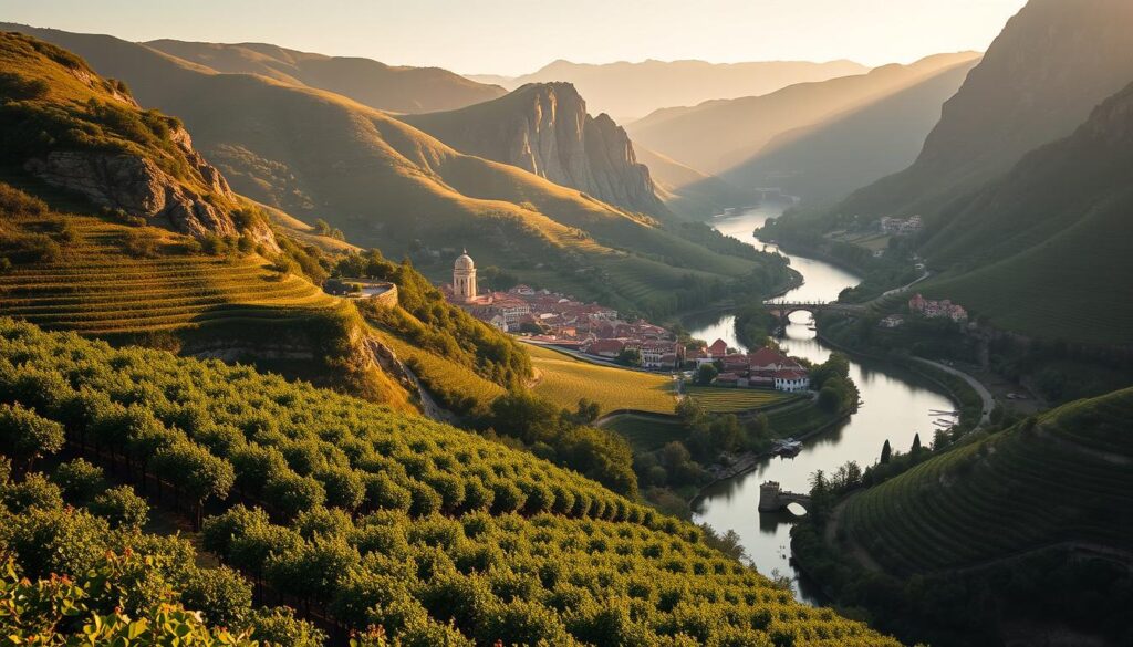 A lush, rolling landscape of the Douro Valley in northern Portugal, bathed in warm golden hour light. In the foreground, terraced vineyards cascade down the hillsides, their verdant vines heavy with ripe grapes. A winding river snakes through the valley, its tranquil waters reflecting the picturesque stone villages and historic quintas that dot the banks. Towering granite cliffs rise in the distance, their weathered faces casting dramatic shadows. The scene exudes a sense of timeless rural splendor, embodying the essence of Portugal's renowned wine country. MyVisitMorocco