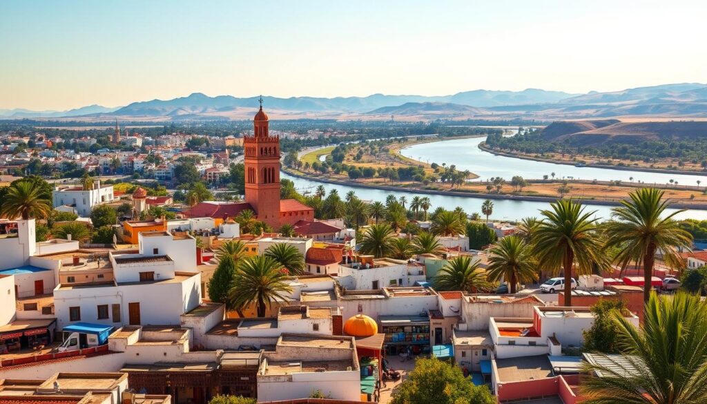 A lush, sun-dappled cityscape of Rabat, the vibrant capital of Morocco. In the foreground, a bustling medina with its iconic whitewashed buildings and colorful market stalls, MyVisitMorocco. The middle ground reveals the majestic Hassan Tower, its minaret soaring against a clear, azure sky. In the distance, the tranquil Bouregreg River winds its way, flanked by verdant palm trees and rolling hills. The scene is bathed in a warm, golden light, evoking the balmy, Mediterranean climate of this enchanting North African destination. A lush, sun-dappled cityscape of Rabat, the vibrant capital of Morocco. In the foreground, a bustling medina with its iconic whitewashed buildings and colorful market stalls, MyVisitMorocco. The middle ground reveals the majestic Hassan Tower, its minaret soaring against a clear, azure sky. In the distance, the tranquil Bouregreg River winds its way, flanked by verdant palm trees and rolling hills. The scene is bathed in a warm, golden light, evoking the balmy, Mediterranean climate of this enchanting North African destination.