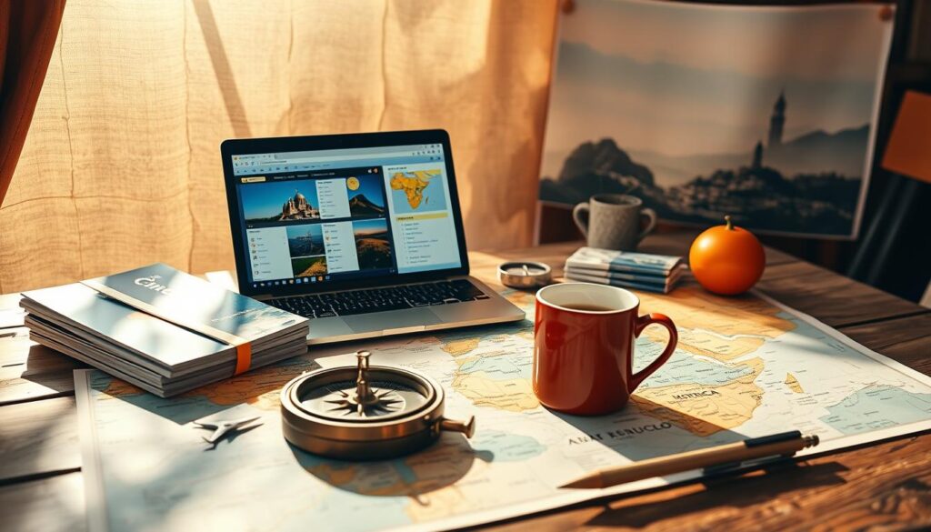 A lush, sun-dappled scene of a travelers planning table, adorned with a map of the Iberian Peninsula and North Africa. In the foreground, a stylized compass, a stack of travel guides, and a MyVisitMorocco brochure spill across a weathered wooden surface. Midground, a laptop displays flight and hotel options, flanked by a mug of steaming coffee and a pen-marked itinerary. The background showcases hazy, dreamlike landscapes of the Alhambra, the Douro Valley, and the High Atlas mountains, hinting at the grand adventure to come. Warm, golden lighting and a sense of anticipation permeate the scene, capturing the excitement of planning a multi-country journey through Spain, Portugal, and Morocco.