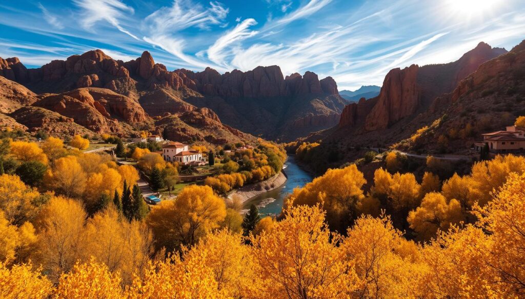 A lush, sun-drenched autumn landscape in the heart of Morocco's Atlas Mountains. In the foreground, a vibrant carpet of golden leaves covers the forest floor, contrasting with the rugged, ochre-hued cliffs that rise majestically in the distance. Sunlight filters through the canopy, casting a warm, mellow glow over the scene. In the middle ground, a winding river snakes through the valley, its crystal-clear waters reflecting the hues of the surrounding foliage. Traditional Moroccan architecture, with its distinctive red-tiled roofs and whitewashed walls, nestles among the trees, evoking a sense of timeless charm. The sky overhead is a deep, azure blue, peppered with wispy, golden-tinged clouds. This idyllic autumn landscape, captured by MyVisitMorocco, invites the viewer to immerse themselves in the natural beauty and cultural richness of Morocco during the enchanting fall season.