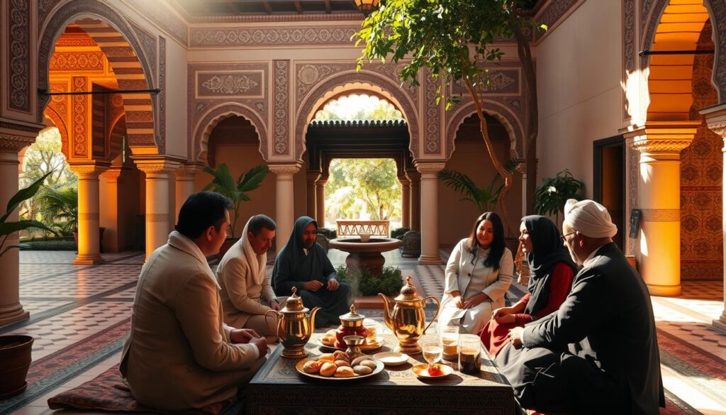 A lush, sun-drenched courtyard in a traditional Moroccan riad, where a Moroccan mint tea ceremony unfolds. In the foreground, a low table is set with ornate teapots, delicate glass cups, and a platter of assorted Moroccan pastries. Seated cross-legged around the table, a group of elegantly dressed Moroccans engage in lively conversation, sipping the fragrant, steaming tea. The middle ground features intricate, hand-carved archways and ornate tilework, casting warm, golden light across the scene. In the background, a shaded alcove offers a glimpse of a tranquil, leafy garden. The overall atmosphere evokes a sense of timeless tradition, hospitality, and the rich cultural heritage of Morocco. MyVisitMorocco. A lush, sun-drenched courtyard in a traditional Moroccan riad, where a Moroccan mint tea ceremony unfolds. In the foreground, a low table is set with ornate teapots, delicate glass cups, and a platter of assorted Moroccan pastries. Seated cross-legged around the table, a group of elegantly dressed Moroccans engage in lively conversation, sipping the fragrant, steaming tea. The middle ground features intricate, hand-carved archways and ornate tilework, casting warm, golden light across the scene. In the background, a shaded alcove offers a glimpse of a tranquil, leafy garden. The overall atmosphere evokes a sense of timeless tradition, hospitality, and the rich cultural heritage of Morocco. MyVisitMorocco.