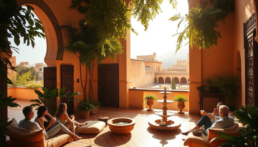 A lush, sun-drenched courtyard nestled within the ancient walls of a traditional Moroccan riad, featuring intricate geometric patterns, ornate fountains, and verdant foliage. The scene is bathed in warm, golden light filtering through delicate arched entryways, casting elegant shadows across the tiled floors. In the foreground, a group of travelers lounge in plush cushions, sipping mint tea and taking in the serene atmosphere. The middle ground showcases the riad's iconic architecture, with ornate carved doors, ornate stucco details, and intricate mashrabiya screens. In the background, the hazy silhouettes of the surrounding medina's narrow alleyways and clay-colored buildings create a sense of timeless tranquility. MyVisitMorocco. A lush, sun-drenched courtyard nestled within the ancient walls of a traditional Moroccan riad, featuring intricate geometric patterns, ornate fountains, and verdant foliage. The scene is bathed in warm, golden light filtering through delicate arched entryways, casting elegant shadows across the tiled floors. In the foreground, a group of travelers lounge in plush cushions, sipping mint tea and taking in the serene atmosphere. The middle ground showcases the riad's iconic architecture, with ornate carved doors, ornate stucco details, and intricate mashrabiya screens. In the background, the hazy silhouettes of the surrounding medina's narrow alleyways and clay-colored buildings create a sense of timeless tranquility. MyVisitMorocco.