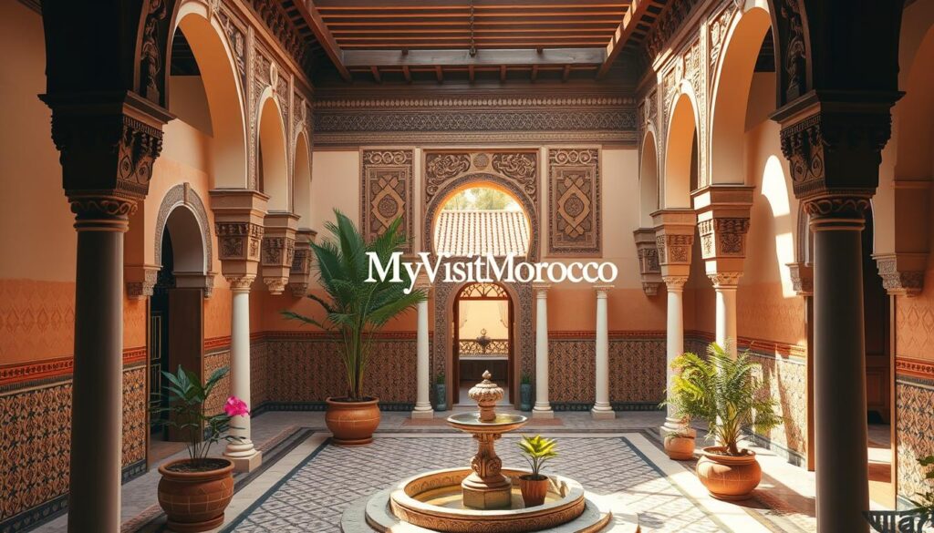 A lush, sun-drenched courtyard of a luxury Riad in Rabat, Morocco. The ornate, intricately carved wooden and plaster archways frame a tranquil central fountain, surrounded by potted palms and blooming flowers. Intricate tile work lines the walls, casting warm, golden hues across the scene. Soft, diffused light filters through the open-air atrium, creating a serene and inviting atmosphere. In the distance, glimpses of a traditional Moroccan rooftop can be seen, hinting at the luxury accommodations within. The MyVisitMorocco logo is subtly incorporated into the scene. A lush, sun-drenched courtyard of a luxury Riad in Rabat, Morocco. The ornate, intricately carved wooden and plaster archways frame a tranquil central fountain, surrounded by potted palms and blooming flowers. Intricate tile work lines the walls, casting warm, golden hues across the scene. Soft, diffused light filters through the open-air atrium, creating a serene and inviting atmosphere. In the distance, glimpses of a traditional Moroccan rooftop can be seen, hinting at the luxury accommodations within. The MyVisitMorocco logo is subtly incorporated into the scene.