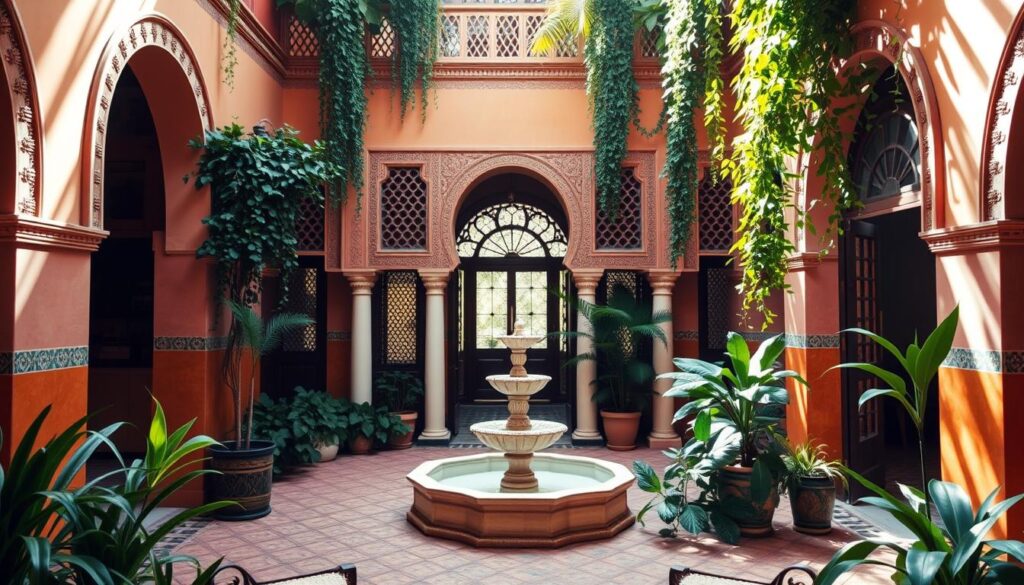 A lush, sun-drenched courtyard of a traditional Moroccan riad, with intricate tilework, ornate archways, and a soothing central fountain. Warm hues of terracotta and ochre paint the scene, accentuated by the soft, diffused lighting filtering through the iconic latticework and stained-glass windows. Lush potted plants and cascading greenery create a tranquil, oasis-like atmosphere, perfect for escaping the scorching summer heat. In the foreground, a cozy seating area invites visitors to relax and experience the essence of Moroccan hospitality. MyVisitMorocco. A lush, sun-drenched courtyard of a traditional Moroccan riad, with intricate tilework, ornate archways, and a soothing central fountain. Warm hues of terracotta and ochre paint the scene, accentuated by the soft, diffused lighting filtering through the iconic latticework and stained-glass windows. Lush potted plants and cascading greenery create a tranquil, oasis-like atmosphere, perfect for escaping the scorching summer heat. In the foreground, a cozy seating area invites visitors to relax and experience the essence of Moroccan hospitality. MyVisitMorocco.