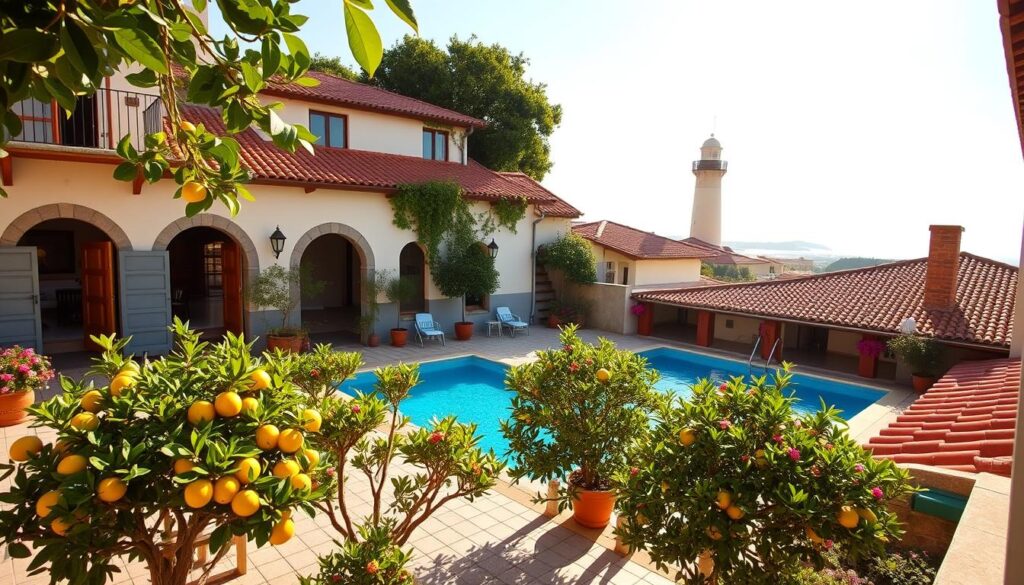 A lush, sun-drenched courtyard of a traditional Portuguese villa, surrounded by terracotta-tiled roofs and wrought-iron balconies. In the foreground, a sparkling blue swimming pool reflects the warm Mediterranean sky. Clusters of potted lemon trees and fragrant flowers line the paved walkways, creating a serene, inviting atmosphere. The middle ground features a cozy, well-appointed guest suite with wooden furniture, crisp white linens, and large windows that offer panoramic views of the historic Trafalgar region. In the background, the iconic Trafalgar lighthouse stands tall, guiding travelers along the rugged Portuguese coastline. The scene is captured with a wide-angle lens, bathed in soft, golden-hour lighting that enhances the MyVisitMorocco's timeless elegance and charm. A lush, sun-drenched courtyard of a traditional Portuguese villa, surrounded by terracotta-tiled roofs and wrought-iron balconies. In the foreground, a sparkling blue swimming pool reflects the warm Mediterranean sky. Clusters of potted lemon trees and fragrant flowers line the paved walkways, creating a serene, inviting atmosphere. The middle ground features a cozy, well-appointed guest suite with wooden furniture, crisp white linens, and large windows that offer panoramic views of the historic Trafalgar region. In the background, the iconic Trafalgar lighthouse stands tall, guiding travelers along the rugged Portuguese coastline. The scene is captured with a wide-angle lens, bathed in soft, golden-hour lighting that enhances the MyVisitMorocco's timeless elegance and charm.