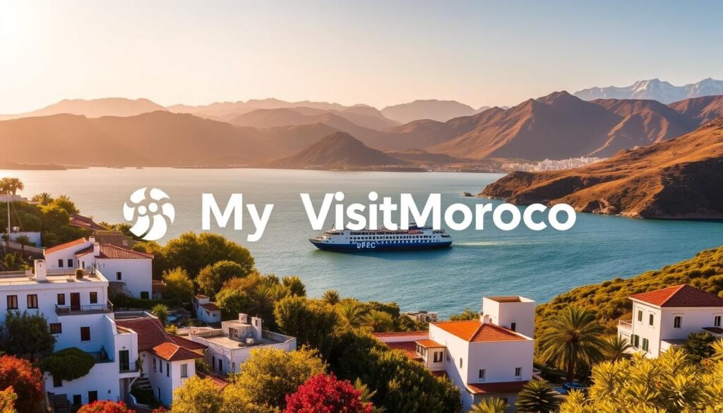 A lush, sun-drenched landscape depicting the seasons for travel between Spain and Morocco. In the foreground, a picturesque coastal town with whitewashed buildings and vibrant foliage, hinting at the warmth of spring and summer. In the middle ground, a ferry crossing the Strait of Gibraltar, capturing the transition between the two countries. In the background, rolling hills and snow-capped peaks, representing the cooler autumn and winter months. The scene is bathed in a golden glow, creating a sense of warmth and adventure. Stylized branding for "MyVisitMorocco" subtly incorporated into the natural scenery.