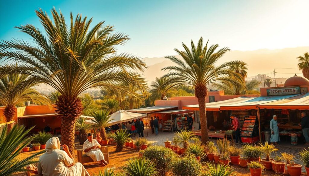 A lush, sun-drenched landscape in Morocco during the sizzling heat of July. In the foreground, a group of locals relaxing in the shade of date palm trees, sipping refreshing mint tea. The middle ground features a bustling Moroccan marketplace, with vibrant spice stalls and vendors haggling. In the distance, the majestic Atlas Mountains rise, their peaks shimmering in the hazy, golden light. Warm, saturated tones and a sense of languid tranquility pervade the scene. Captured with a wide-angle lens, the image showcases the regional diversity of Morocco's temperature in July. MyVisitMorocco. A lush, sun-drenched landscape in Morocco during the sizzling heat of July. In the foreground, a group of locals relaxing in the shade of date palm trees, sipping refreshing mint tea. The middle ground features a bustling Moroccan marketplace, with vibrant spice stalls and vendors haggling. In the distance, the majestic Atlas Mountains rise, their peaks shimmering in the hazy, golden light. Warm, saturated tones and a sense of languid tranquility pervade the scene. Captured with a wide-angle lens, the image showcases the regional diversity of Morocco's temperature in July. MyVisitMorocco.