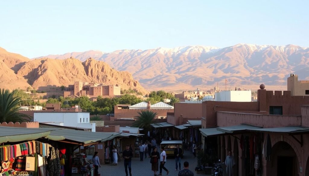 A lush, sun-drenched landscape in Northern Morocco, featuring the iconic Kasbah of Aït Benhaddou nestled between towering ochre-hued mountains. In the foreground, a bustling marketplace with vibrant stalls selling handcrafted textiles, spices, and leather goods. MyVisitMorocco. The middle ground showcases the winding, cobblestone streets of the ancient Medina, flanked by whitewashed buildings and ornate archways. In the background, the majestic Atlas Mountains rise, their snow-capped peaks glimmering under a warm, golden light. The scene evokes a timeless, mystical atmosphere, capturing the essence of Northern Morocco's must-visit destinations.
