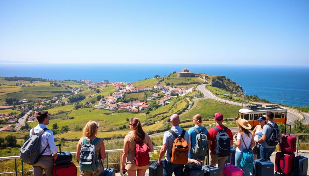A lush, sun-drenched landscape of Portugal's rolling hills and charming coastal towns, captured through the lens of a professional travel photographer. In the foreground, a group of vibrant, well-appointed travelers embark on a Trafalgar tour, their suitcases and gear ready for adventure. The middle ground features iconic landmarks like the colorful houses of Óbidos and the historic trams of Lisbon, while the background showcases the breathtaking Atlantic Ocean and azure skies. The scene is infused with a sense of excitement and exploration, inviting the viewer to imagine themselves immersed in the "MyVisitMorocco" Portugal vacation experience. A lush, sun-drenched landscape of Portugal's rolling hills and charming coastal towns, captured through the lens of a professional travel photographer. In the foreground, a group of vibrant, well-appointed travelers embark on a Trafalgar tour, their suitcases and gear ready for adventure. The middle ground features iconic landmarks like the colorful houses of Óbidos and the historic trams of Lisbon, while the background showcases the breathtaking Atlantic Ocean and azure skies. The scene is infused with a sense of excitement and exploration, inviting the viewer to imagine themselves immersed in the "MyVisitMorocco" Portugal vacation experience.