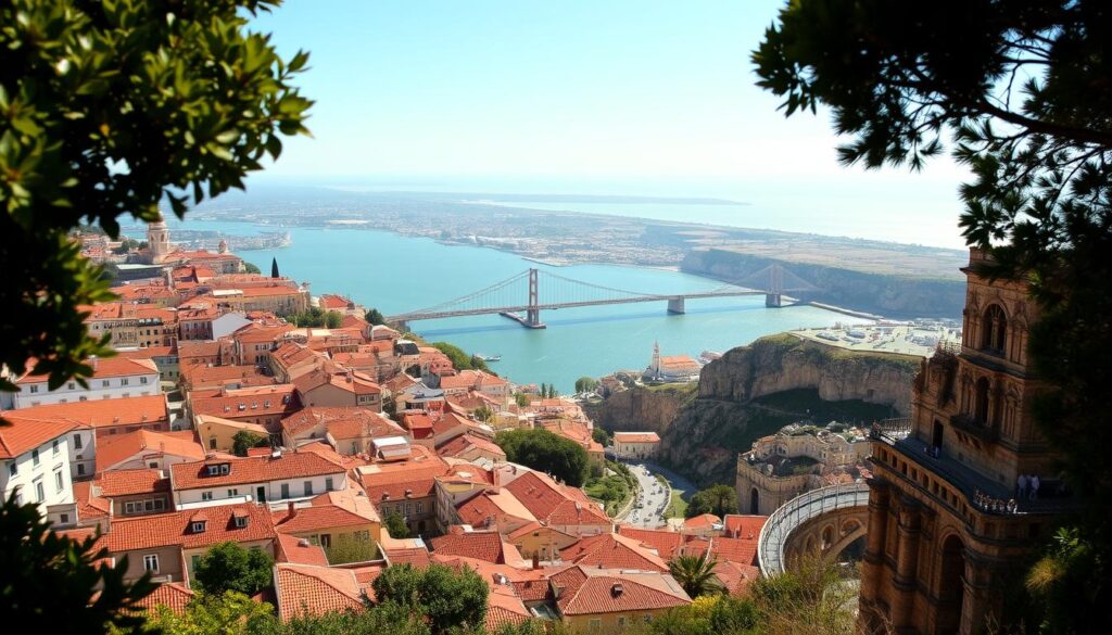 A lush, sun-drenched landscape of Portugal's treasures, captured with a wide-angle lens. In the foreground, the iconic, colorful buildings of Lisbon's historic Alfama district climb the hills, their terracotta roofs and intricate facades bathed in a warm, golden light. In the middle ground, the shimmering Tagus River winds its way towards the Atlantic, flanked by the iconic 25 de Abril Bridge. In the distance, the rugged, windswept cliffs of the Algarve coastline stretch out, dotted with picturesque whitewashed villages and pristine beaches. The scene exudes a sense of timeless elegance and the rich cultural heritage of Portugal. MyVisitMorocco A lush, sun-drenched landscape of Portugal's treasures, captured with a wide-angle lens. In the foreground, the iconic, colorful buildings of Lisbon's historic Alfama district climb the hills, their terracotta roofs and intricate facades bathed in a warm, golden light. In the middle ground, the shimmering Tagus River winds its way towards the Atlantic, flanked by the iconic 25 de Abril Bridge. In the distance, the rugged, windswept cliffs of the Algarve coastline stretch out, dotted with picturesque whitewashed villages and pristine beaches. The scene exudes a sense of timeless elegance and the rich cultural heritage of Portugal. MyVisitMorocco