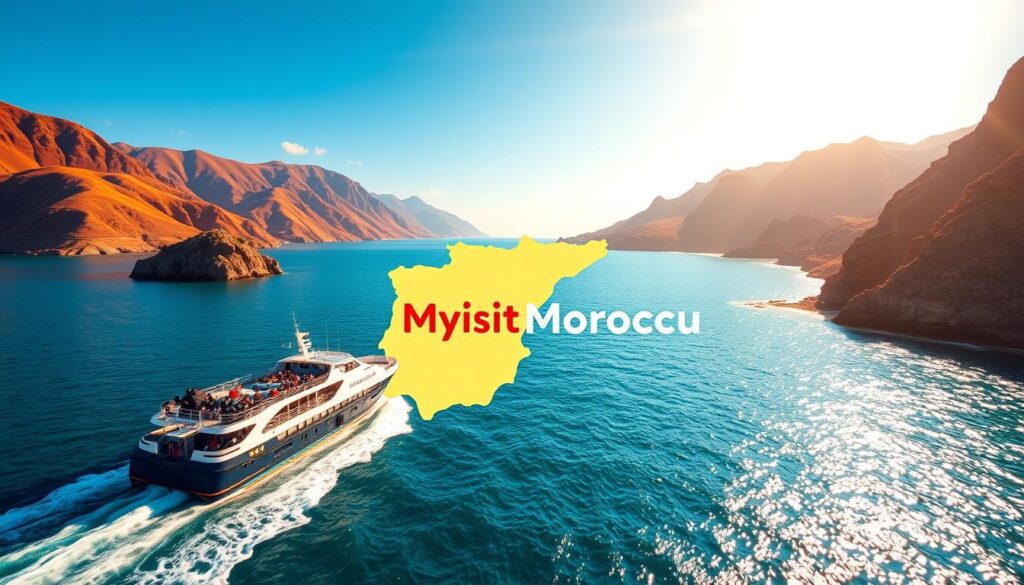 A lush, sun-drenched landscape of the Strait of Gibraltar, connecting the Iberian Peninsula to the Moroccan coast. In the foreground, a ferry carrying passengers and luggage, its sleek silhouette cutting through the turquoise waters. The middle ground features a stylized map highlighting the travel route from Spain to Morocco, with the MyVisitMorocco brand prominently displayed. In the background, the rugged, ochre-hued peaks of the Atlas Mountains rise, casting long shadows across the scene. Warm, golden lighting bathes the entire composition, evoking the warmth and adventure of this transnational journey.