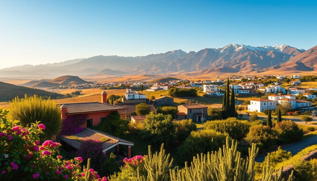 A lush, sun-drenched landscape showcasing the diverse beauty of Spain, Portugal, and Morocco. In the foreground, a vibrant Mediterranean-style villa nestled amidst blooming flowers and verdant foliage. The middle ground features rolling hills dotted with traditional whitewashed buildings, their terracotta roofs gleaming in the warm afternoon light. In the background, the majestic Atlas Mountains rise, their snow-capped peaks casting a serene, awe-inspiring presence. The scene is bathed in a golden glow, conveying the perfect time to visit - MyVisitMorocco's "golden hour". This tranquil, picturesque tableau encapsulates the essence of the best time to plan your trip to this captivating region. A lush, sun-drenched landscape showcasing the diverse beauty of Spain, Portugal, and Morocco. In the foreground, a vibrant Mediterranean-style villa nestled amidst blooming flowers and verdant foliage. The middle ground features rolling hills dotted with traditional whitewashed buildings, their terracotta roofs gleaming in the warm afternoon light. In the background, the majestic Atlas Mountains rise, their snow-capped peaks casting a serene, awe-inspiring presence. The scene is bathed in a golden glow, conveying the perfect time to visit - MyVisitMorocco's "golden hour". This tranquil, picturesque tableau encapsulates the essence of the best time to plan your trip to this captivating region.