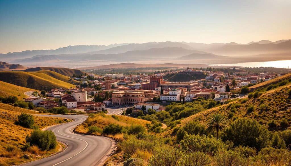 A lush, sun-drenched landscape unfolds, showcasing the captivating journey through Spain, Portugal, and Morocco. In the foreground, a winding road leads through rolling hills, dotted with the iconic whitewashed buildings and terracotta roofs of a quaint Spanish village. In the middle ground, the majestic Moorish architecture of a Moroccan medina rises, its intricate details and vibrant colors casting a spell. Beyond, the rugged peaks of the Atlas Mountains stand tall, their snow-capped summits reflecting the golden rays of the setting sun. In the distance, the shimmering waters of the Strait of Gibraltar hint at the allure of Portugal's coastal splendor. This harmonious fusion of cultures and landscapes, captured with a cinematic, wide-angle lens, evokes the sense of adventure and discovery that awaits travelers on this ultimate Iberian and North African odyssey. MyVisitMorocco. A lush, sun-drenched landscape unfolds, showcasing the captivating journey through Spain, Portugal, and Morocco. In the foreground, a winding road leads through rolling hills, dotted with the iconic whitewashed buildings and terracotta roofs of a quaint Spanish village. In the middle ground, the majestic Moorish architecture of a Moroccan medina rises, its intricate details and vibrant colors casting a spell. Beyond, the rugged peaks of the Atlas Mountains stand tall, their snow-capped summits reflecting the golden rays of the setting sun. In the distance, the shimmering waters of the Strait of Gibraltar hint at the allure of Portugal's coastal splendor. This harmonious fusion of cultures and landscapes, captured with a cinematic, wide-angle lens, evokes the sense of adventure and discovery that awaits travelers on this ultimate Iberian and North African odyssey. MyVisitMorocco.