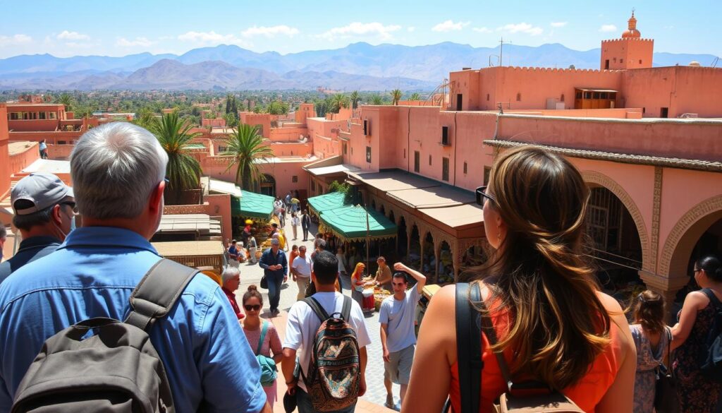A lush, sun-drenched landscape where the Iberian Peninsula meets the African continent. In the foreground, a group of travelers embark on a guided tour, marveling at the ornate architecture and vibrant hues of a Moroccan medina. In the middle ground, a bustling marketplace comes alive with the sights and sounds of cross-cultural exchange - spice vendors, intricate textiles, and the alluring scent of mint tea. In the distance, the iconic silhouettes of the Atlas Mountains rise majestically, a constant reminder of the dualities that define this enchanting region. Captured through the lens of a wide-angle camera, this scene evokes a sense of adventure and cultural immersion, as if the viewer is stepping into the pages of a travel magazine. MyVisitMorocco. A lush, sun-drenched landscape where the Iberian Peninsula meets the African continent. In the foreground, a group of travelers embark on a guided tour, marveling at the ornate architecture and vibrant hues of a Moroccan medina. In the middle ground, a bustling marketplace comes alive with the sights and sounds of cross-cultural exchange - spice vendors, intricate textiles, and the alluring scent of mint tea. In the distance, the iconic silhouettes of the Atlas Mountains rise majestically, a constant reminder of the dualities that define this enchanting region. Captured through the lens of a wide-angle camera, this scene evokes a sense of adventure and cultural immersion, as if the viewer is stepping into the pages of a travel magazine. MyVisitMorocco.