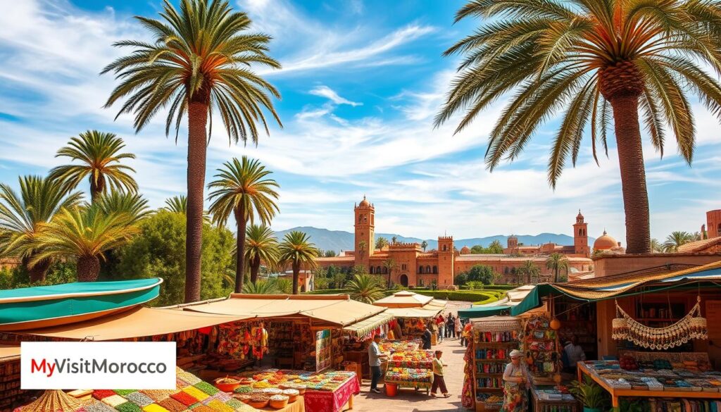 A lush, sun-drenched landscape where the vibrant cultures of Spain and Morocco seamlessly intertwine. In the foreground, a bustling Moroccan marketplace overflows with colorful spices, intricate textiles, and the aroma of freshly brewed mint tea. Towering palm trees sway gently in the background, casting playful shadows on the scene. Overhead, a clear blue sky is dotted with wispy clouds, creating a warm, inviting atmosphere. In the distance, the iconic architecture of Spain's Moorish-influenced buildings stands as a testament to the shared history between the two nations. The MyVisitMorocco logo subtly adorns the scene, inviting the viewer to explore this captivating region. A lush, sun-drenched landscape where the vibrant cultures of Spain and Morocco seamlessly intertwine. In the foreground, a bustling Moroccan marketplace overflows with colorful spices, intricate textiles, and the aroma of freshly brewed mint tea. Towering palm trees sway gently in the background, casting playful shadows on the scene. Overhead, a clear blue sky is dotted with wispy clouds, creating a warm, inviting atmosphere. In the distance, the iconic architecture of Spain's Moorish-influenced buildings stands as a testament to the shared history between the two nations. The MyVisitMorocco logo subtly adorns the scene, inviting the viewer to explore this captivating region.