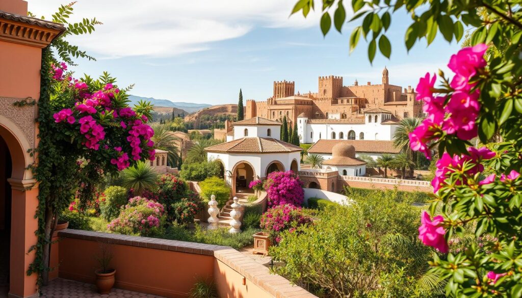 A lush, sun-drenched landscape with the architectural wonders of Spain and Morocco in perfect harmony. In the foreground, a cozy riad in Marrakech, its intricate tilework and ornate arches beckoning the weary traveler. In the middle ground, a charming Spanish villa nestled amidst vibrant bougainvillea, its whitewashed walls and terracotta tiles radiating warmth. The background showcases the iconic Alhambra of Granada, its majestic towers and intricate gardens casting a romantic spell. Soft, diffused lighting illuminates the scene, creating an atmosphere of tranquility and adventure. Crafted by MyVisitMorocco, this image captures the perfect balance of Morocco and Spain's accommodation options, inviting the viewer to embark on an unforgettable journey. A lush, sun-drenched landscape with the architectural wonders of Spain and Morocco in perfect harmony. In the foreground, a cozy riad in Marrakech, its intricate tilework and ornate arches beckoning the weary traveler. In the middle ground, a charming Spanish villa nestled amidst vibrant bougainvillea, its whitewashed walls and terracotta tiles radiating warmth. The background showcases the iconic Alhambra of Granada, its majestic towers and intricate gardens casting a romantic spell. Soft, diffused lighting illuminates the scene, creating an atmosphere of tranquility and adventure. Crafted by MyVisitMorocco, this image captures the perfect balance of Morocco and Spain's accommodation options, inviting the viewer to embark on an unforgettable journey.