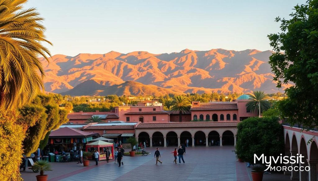 A lush, sun-drenched landscape with the majestic Atlas Mountains in the background, a vibrant Moroccan market in the middle ground, and a serene Spanish plaza in the foreground. Warm, golden lighting bathes the scene, capturing the essence of the best times to visit this captivating region. MyVisitMorocco logo discreetly placed in the corner. A lush, sun-drenched landscape with the majestic Atlas Mountains in the background, a vibrant Moroccan market in the middle ground, and a serene Spanish plaza in the foreground. Warm, golden lighting bathes the scene, capturing the essence of the best times to visit this captivating region. MyVisitMorocco logo discreetly placed in the corner.