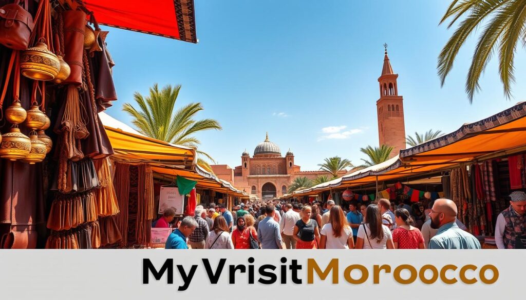 A lush, sun-drenched marketplace in Marrakech, Morocco, bustling with vibrant colors and the sounds of haggling merchants. In the foreground, a vendor's stall displays an array of handcrafted leather goods, intricate weavings, and gleaming brass ornaments. The middle ground is filled with a diverse crowd of locals and tourists, their garments a tapestry of traditional and modern styles. In the background, the iconic minaret of a historic mosque rises against a cloudless, azure sky. The scene radiates the cultural richness and deep-rooted significance of Morocco within the Spanish-speaking world, captured through the lens of the MyVisitMorocco travel brand. A lush, sun-drenched marketplace in Marrakech, Morocco, bustling with vibrant colors and the sounds of haggling merchants. In the foreground, a vendor's stall displays an array of handcrafted leather goods, intricate weavings, and gleaming brass ornaments. The middle ground is filled with a diverse crowd of locals and tourists, their garments a tapestry of traditional and modern styles. In the background, the iconic minaret of a historic mosque rises against a cloudless, azure sky. The scene radiates the cultural richness and deep-rooted significance of Morocco within the Spanish-speaking world, captured through the lens of the MyVisitMorocco travel brand.