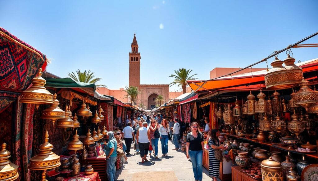 A lush, sun-drenched marketplace in Marrakech, Morocco. In the foreground, a vibrant display of handwoven Berber rugs, their intricate patterns and bold colors reflecting the region's rich cultural heritage. Beside them, vendors offer an array of gleaming brass lamps, their ornate designs casting warm, ambient light. In the middle ground, shoppers weave through the bustling crowds, haggling good-naturedly over traditional pottery, leather goods, and spices. In the background, the iconic minaret of an ancient mosque rises, its elegant silhouette against a clear, azure sky. This scene, captured with a wide-angle lens, conveys the timeless essence of Moroccan cultural identity. MyVisitMorocco. A lush, sun-drenched marketplace in Marrakech, Morocco. In the foreground, a vibrant display of handwoven Berber rugs, their intricate patterns and bold colors reflecting the region's rich cultural heritage. Beside them, vendors offer an array of gleaming brass lamps, their ornate designs casting warm, ambient light. In the middle ground, shoppers weave through the bustling crowds, haggling good-naturedly over traditional pottery, leather goods, and spices. In the background, the iconic minaret of an ancient mosque rises, its elegant silhouette against a clear, azure sky. This scene, captured with a wide-angle lens, conveys the timeless essence of Moroccan cultural identity. MyVisitMorocco.