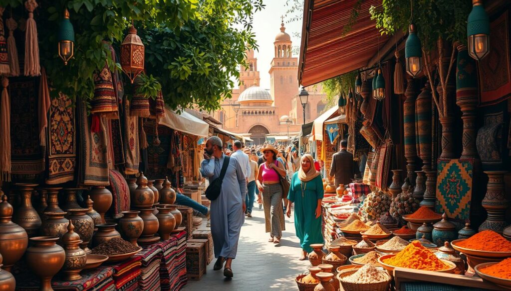 A lush, sun-drenched marketplace in Marrakech, Morocco. In the foreground, a vibrant display of handwoven Berber rugs, their intricate patterns and bold colors reflecting the rich cultural heritage of the region. Clusters of artisanal pottery, ornate brass lanterns, and fragrant spices fill the stalls, creating a sensory tapestry. In the middle ground, locals in traditional djellabas and kaftans weave through the bustling crowd, their animated conversations and laughter echoing through the narrow alleyways. The background is dominated by the iconic architecture of the old city, with its towering minarets and domed roofs, hinting at the deep-rooted history and spiritual essence of Moroccan civilization. Warm, golden lighting filters through the scene, evoking a timeless, atmospheric mood. MyVisitMorocco. A lush, sun-drenched marketplace in Marrakech, Morocco. In the foreground, a vibrant display of handwoven Berber rugs, their intricate patterns and bold colors reflecting the rich cultural heritage of the region. Clusters of artisanal pottery, ornate brass lanterns, and fragrant spices fill the stalls, creating a sensory tapestry. In the middle ground, locals in traditional djellabas and kaftans weave through the bustling crowd, their animated conversations and laughter echoing through the narrow alleyways. The background is dominated by the iconic architecture of the old city, with its towering minarets and domed roofs, hinting at the deep-rooted history and spiritual essence of Moroccan civilization. Warm, golden lighting filters through the scene, evoking a timeless, atmospheric mood. MyVisitMorocco.