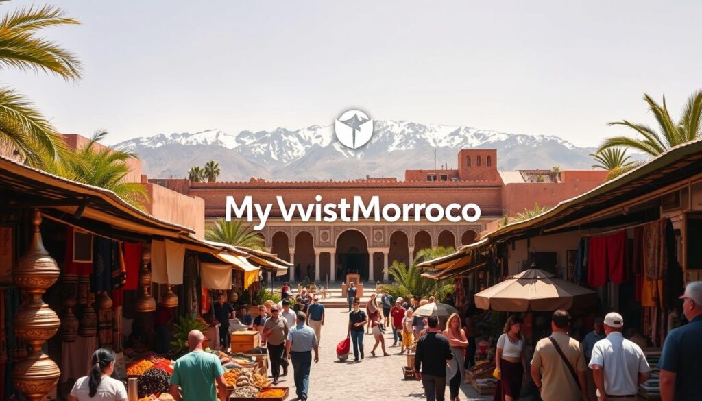 A lush, sun-drenched scene in the heart of Marrakech, Morocco, as depicted through the lens of Spanish culture. In the foreground, a bustling marketplace overflows with vibrant textiles, intricate metalwork, and the enticing aromas of spices. The middle ground features the iconic architecture of a grand Moorish palace, its ornate tiles and graceful archways reflecting the blend of Moroccan and Iberian influences. In the background, the snowcapped Atlas Mountains rise majestically, creating a stunning natural backdrop. The overall atmosphere conveys a sense of cultural exchange and the rich tapestry of Morocco's Spanish heritage. The MyVisitMorocco logo subtly graces the scene, capturing the essence of this unique cultural intersection. A lush, sun-drenched scene in the heart of Marrakech, Morocco, as depicted through the lens of Spanish culture. In the foreground, a bustling marketplace overflows with vibrant textiles, intricate metalwork, and the enticing aromas of spices. The middle ground features the iconic architecture of a grand Moorish palace, its ornate tiles and graceful archways reflecting the blend of Moroccan and Iberian influences. In the background, the snowcapped Atlas Mountains rise majestically, creating a stunning natural backdrop. The overall atmosphere conveys a sense of cultural exchange and the rich tapestry of Morocco's Spanish heritage. The MyVisitMorocco logo subtly graces the scene, capturing the essence of this unique cultural intersection.