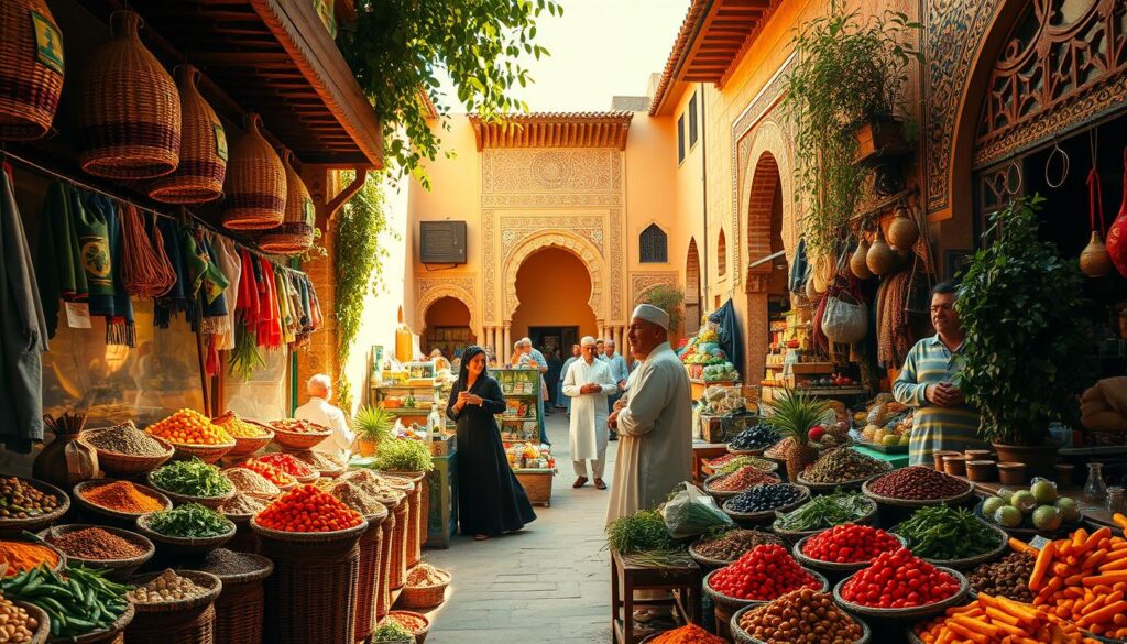 A lush, sun-drenched scene of an authentic Moroccan marketplace, captured with a wide-angle lens. In the foreground, an abundance of vibrant spices, fragrant herbs, and colorful produce spill out from ornate stalls, their aromas mingling in the warm air. In the middle ground, friendly vendors haggle with customers, their traditional djellaba robes and fezzes adding to the cultural ambiance. In the background, the iconic architecture of Moroccan buildings frames the scene, with intricately carved archways and intricate tilework. Warm, golden lighting filters through the scene, creating a cozy, inviting atmosphere. MyVisitMorocco. A lush, sun-drenched scene of an authentic Moroccan marketplace, captured with a wide-angle lens. In the foreground, an abundance of vibrant spices, fragrant herbs, and colorful produce spill out from ornate stalls, their aromas mingling in the warm air. In the middle ground, friendly vendors haggle with customers, their traditional djellaba robes and fezzes adding to the cultural ambiance. In the background, the iconic architecture of Moroccan buildings frames the scene, with intricately carved archways and intricate tilework. Warm, golden lighting filters through the scene, creating a cozy, inviting atmosphere. MyVisitMorocco.