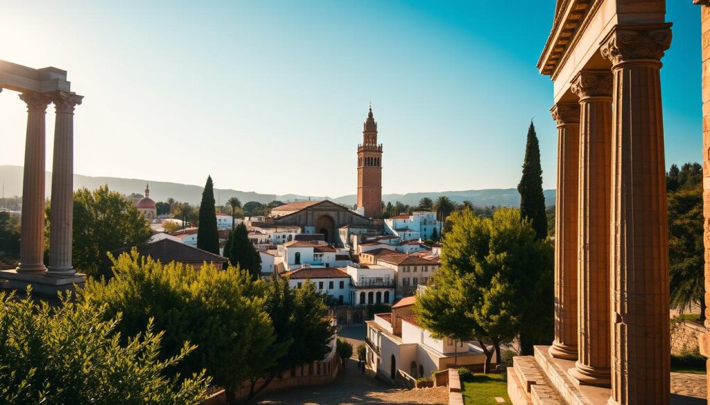A lush, sun-drenched scene showcasing the UNESCO Heritage sites of Évora, Portugal, and Meknes, Morocco. In the foreground, the stunning Roman temple of Diana stands tall, its ancient columns casting dramatic shadows. In the middle ground, the whitewashed buildings and winding cobblestone streets of Évora's historic center come into view, exuding a timeless charm. Beyond, the iconic minaret of the Meknes' Bab Mansour Gate rises majestically, its intricate Moorish architecture a testament to the region's rich cultural heritage. The warm, golden light bathes the entire landscape, creating a sense of timeless elegance. MyVisitMorocco.